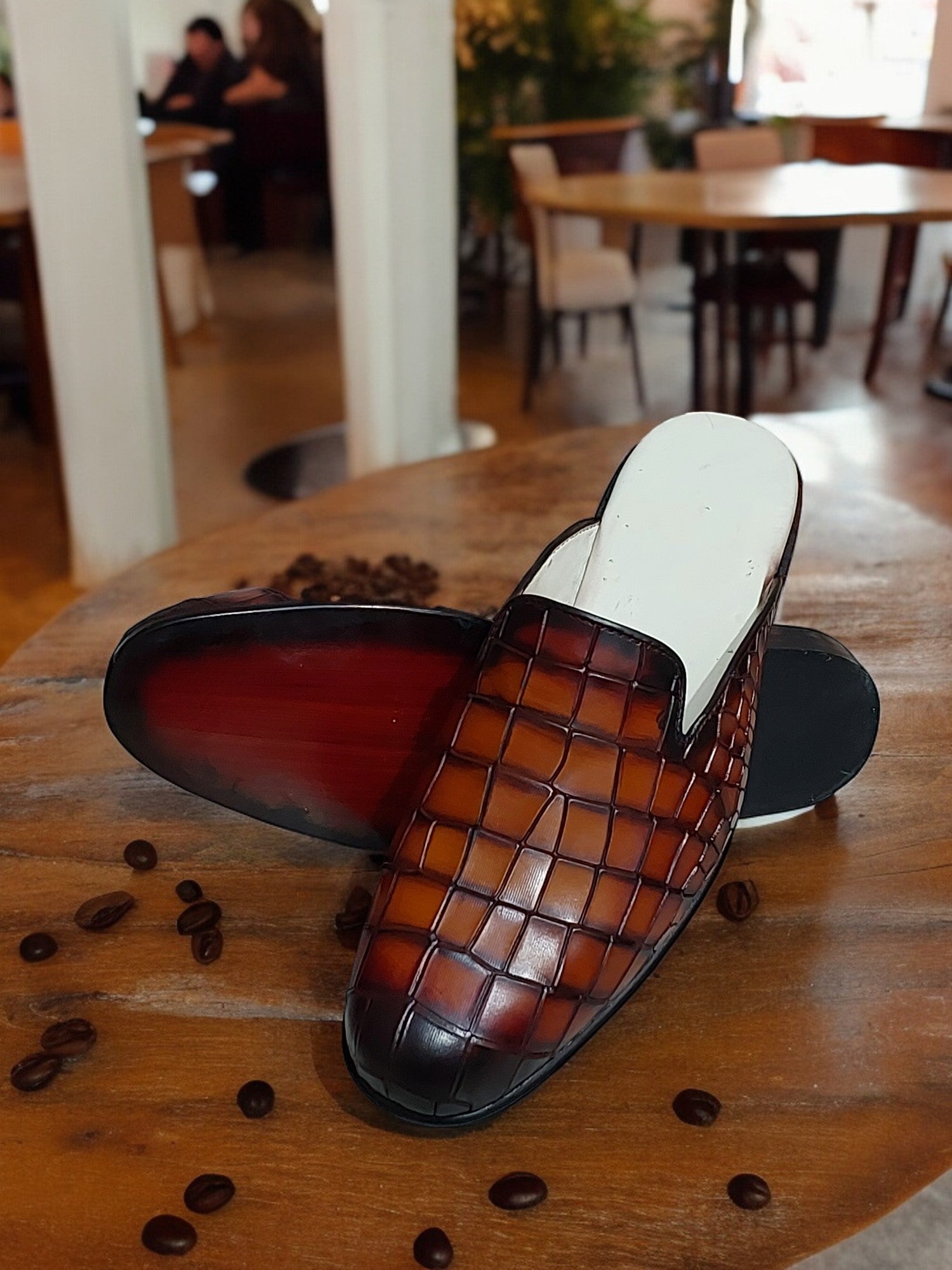 BROWN CROC TEXTURED HANDMADE SLIP ON MULES Redsun Trading