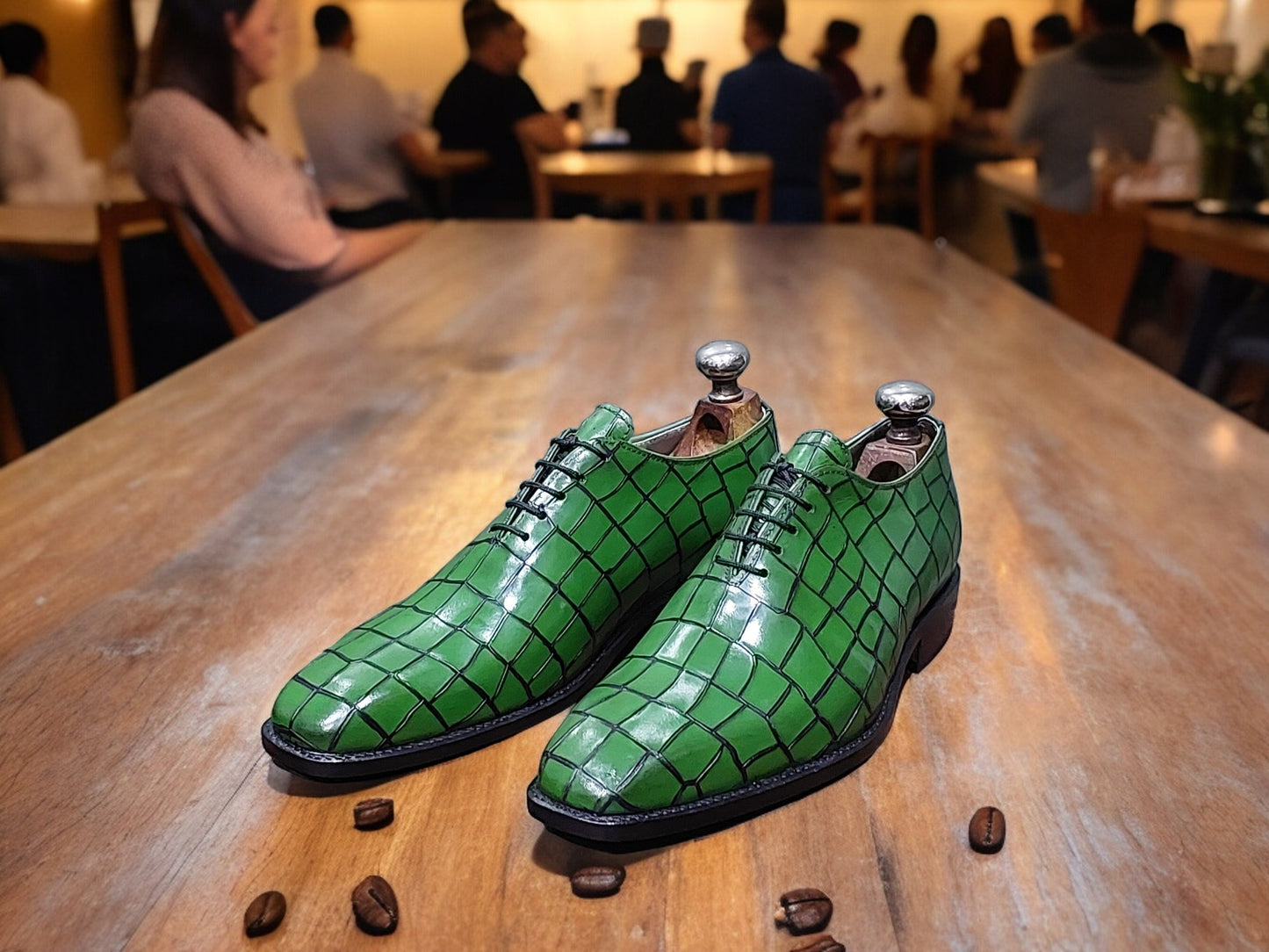 Handmade Men's Formal Shoes in Green  Crocodile Texture, Lace Up Oxford, Stylish Dress & Casual Wear