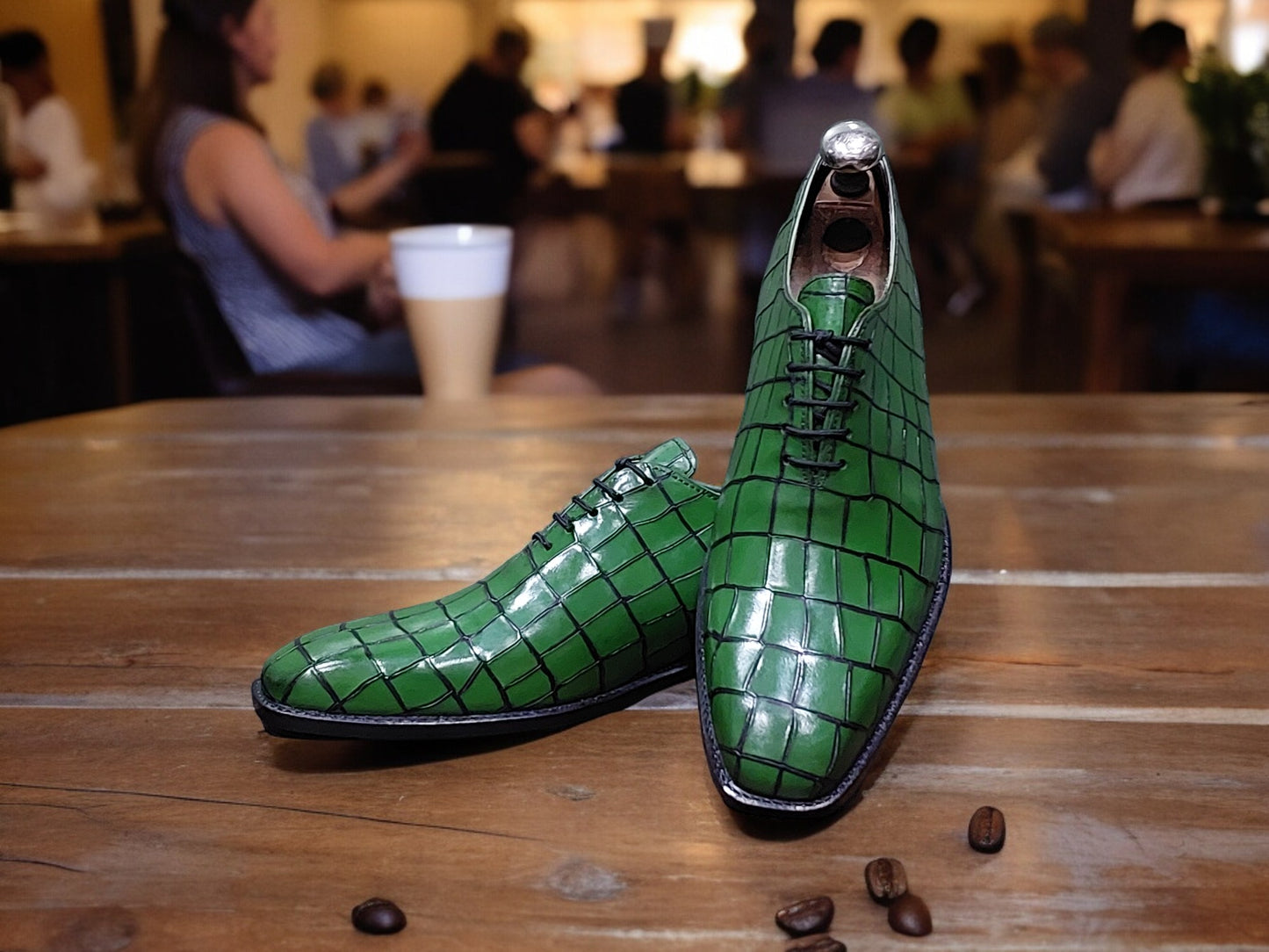 Handmade Men's Formal Shoes in Green  Crocodile Texture, Lace Up Oxford, Stylish Dress & Casual Wear