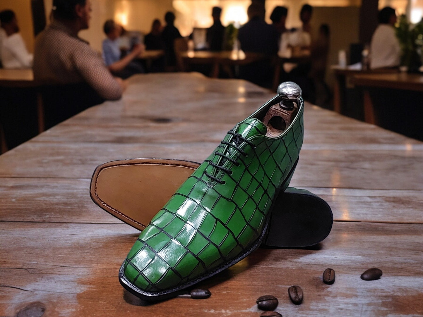 Handmade Men's Formal Shoes in Green  Crocodile Texture, Lace Up Oxford, Stylish Dress & Casual Wear