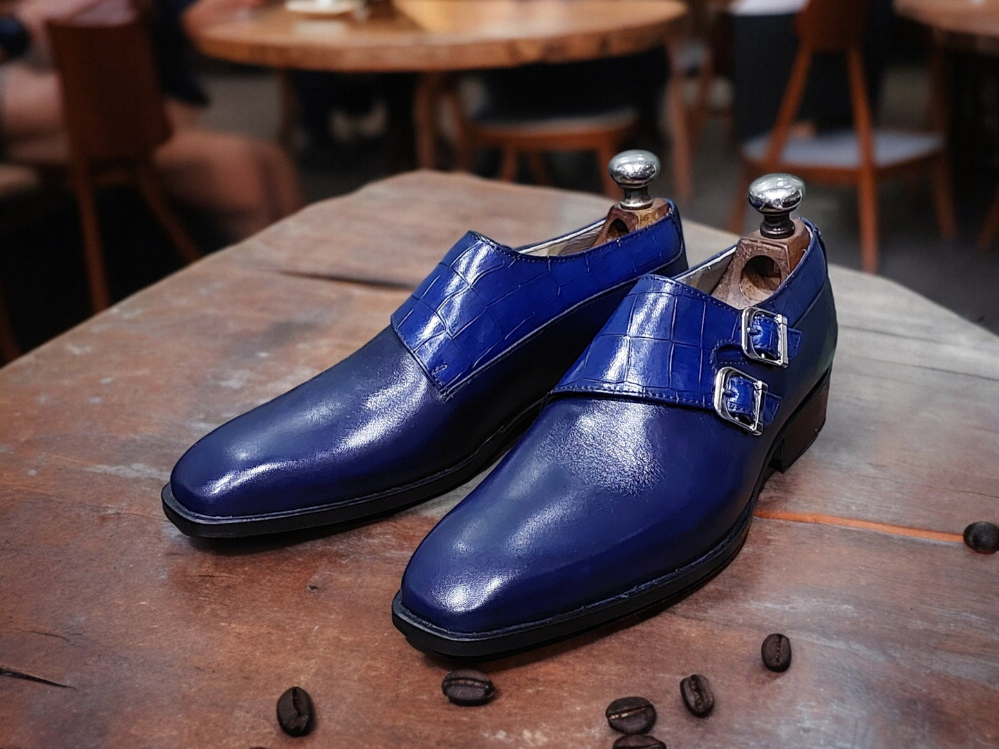 HANDMADE MEN'S FORMAL CAPTOE SHOES BLUE COLOR