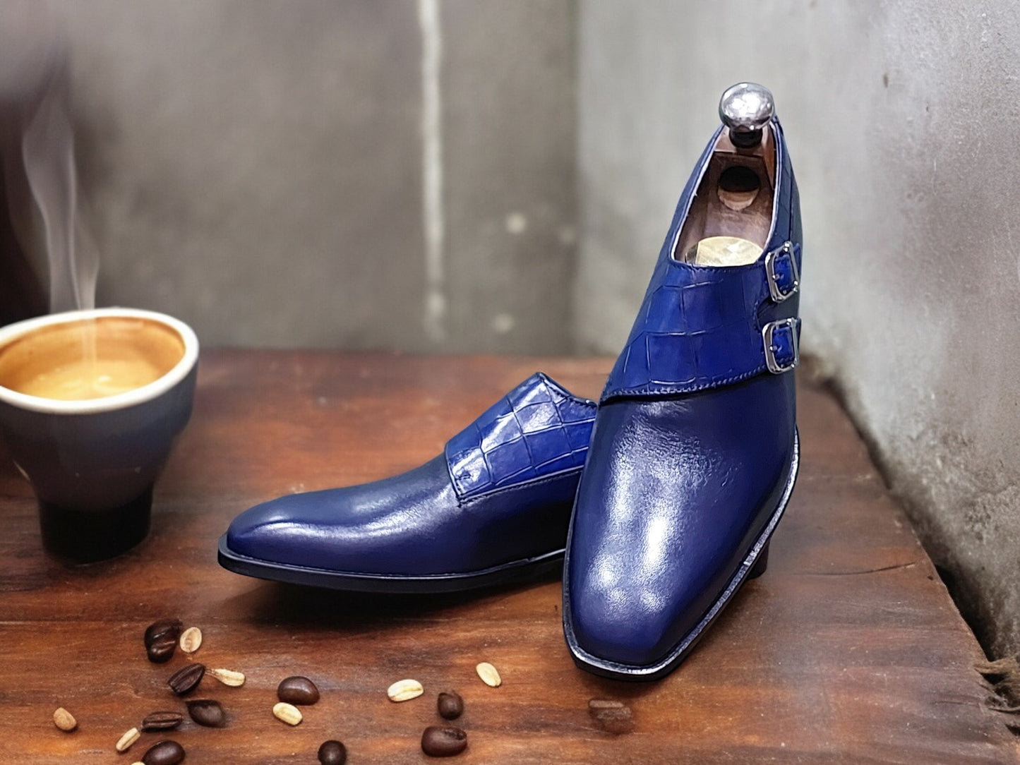 HANDMADE MEN'S FORMAL CAPTOE SHOES BLUE COLOR