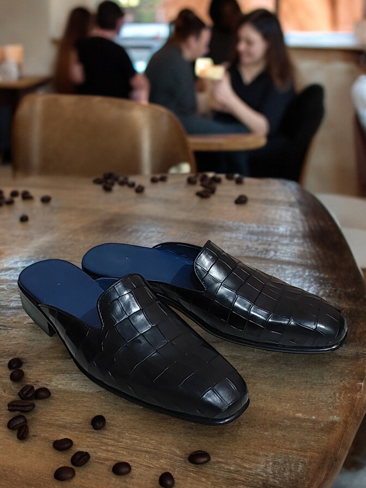 BLACK CROC TEXTURED HANDMADE SLIP-ON MULES