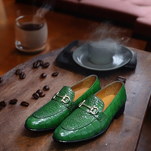 Handmade Men's Formal Shoes in Green  Crocodile Texture, Lace Up Oxford