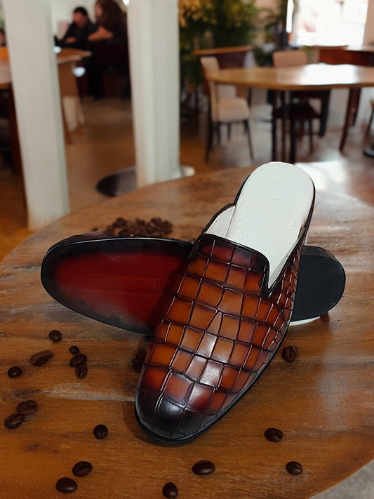 BROWN CROC TEXTURED HANDMADE SLIP-ON MULES