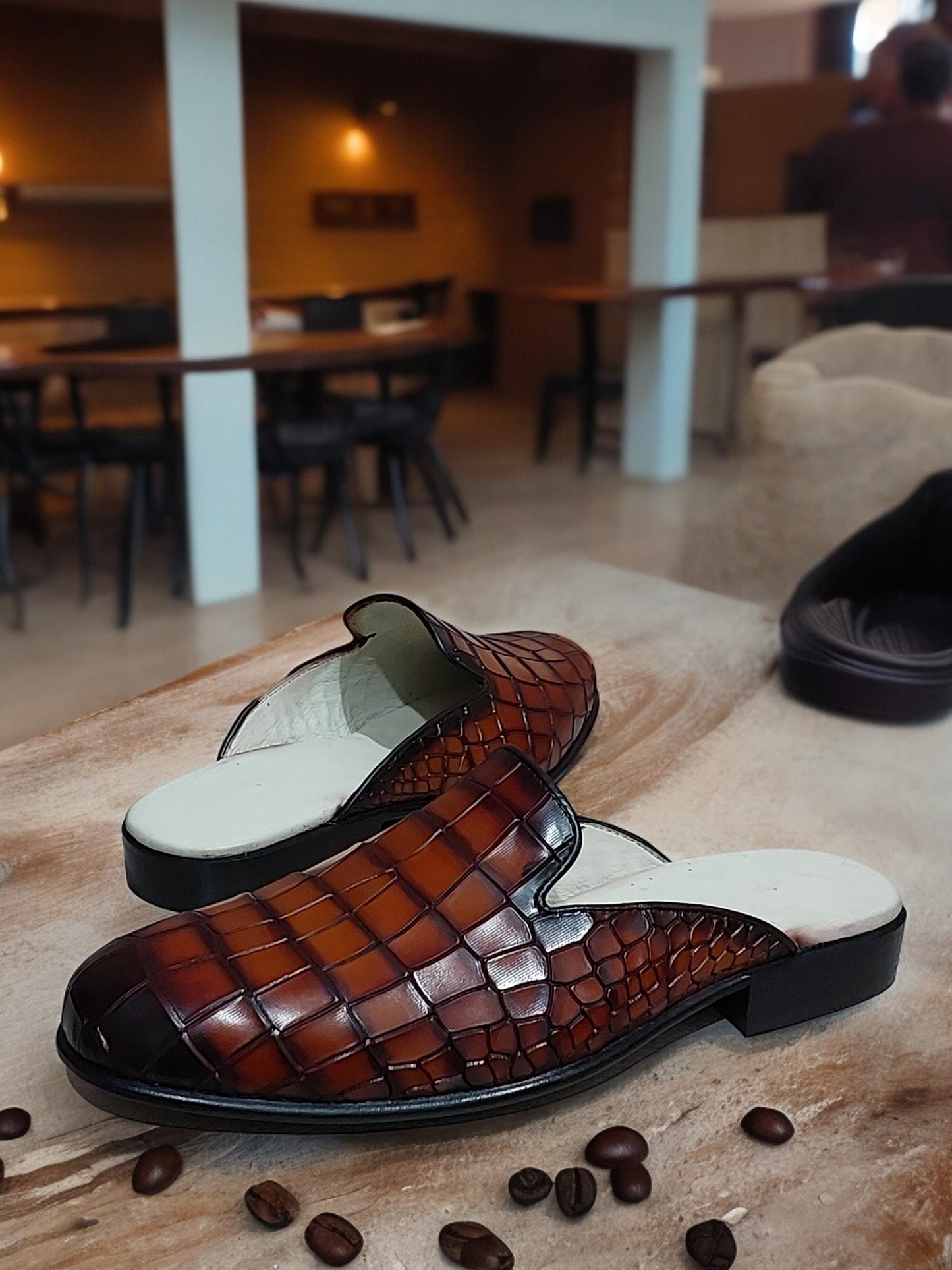 BROWN CROC TEXTURED HANDMADE SLIP-ON MULES