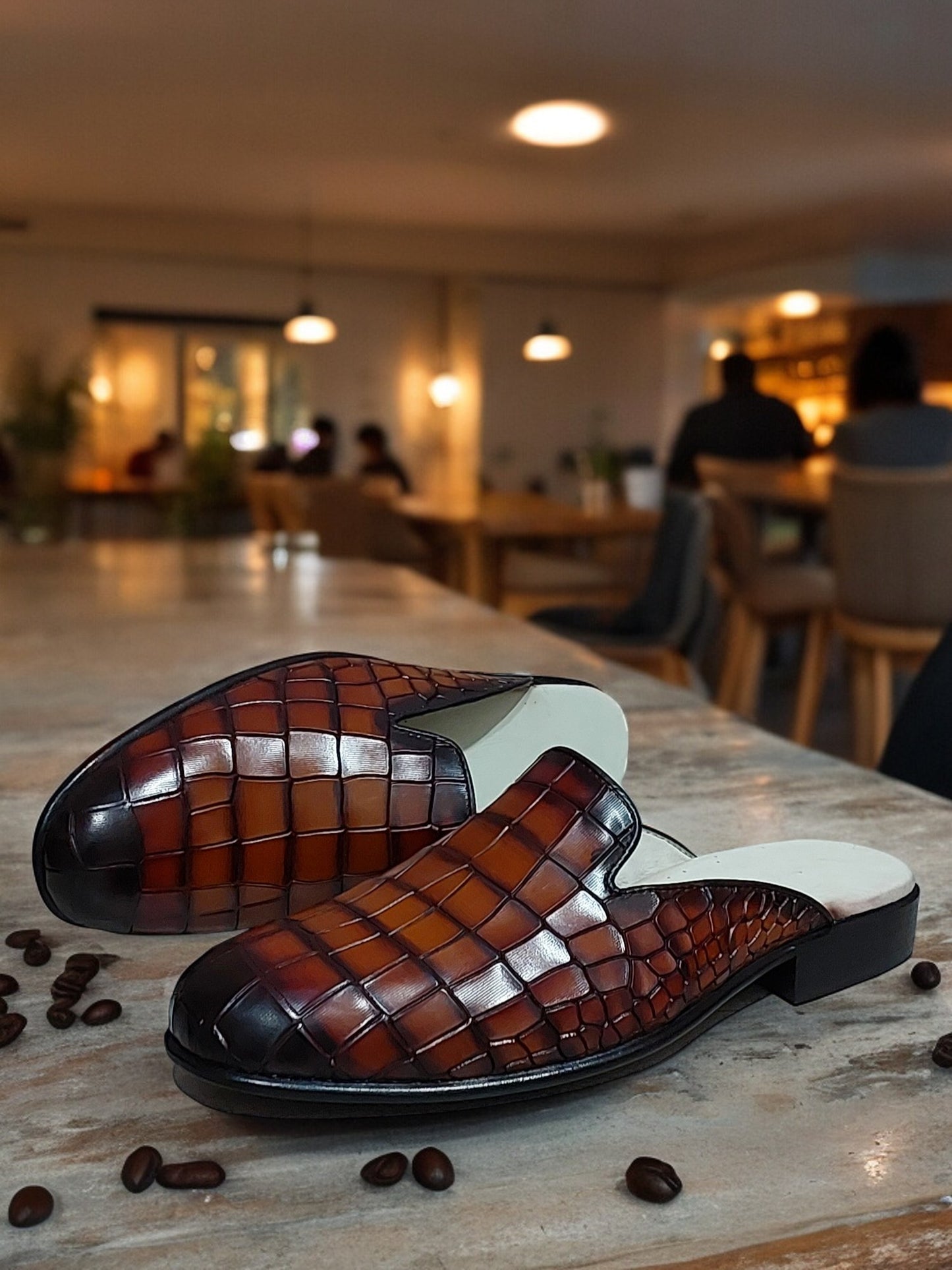 BROWN CROC TEXTURED HANDMADE SLIP-ON MULES