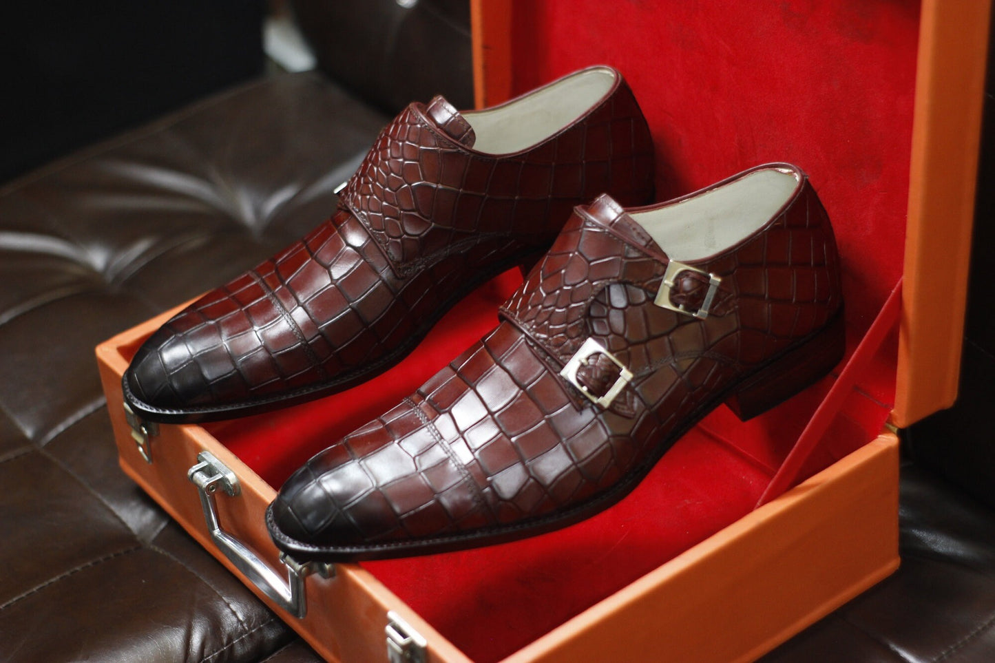 New Men's Handmade Formal Shoes Burgundy Crocodile Textured Leather Double Monk Stylish Dress & Casual Wear Shoes