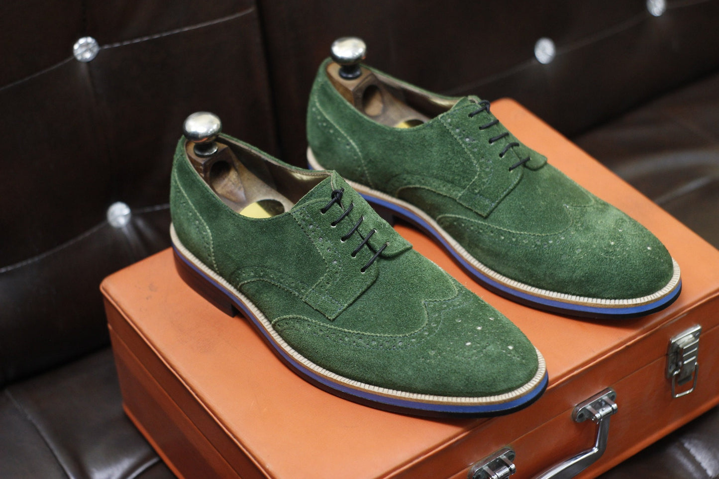 New Men's Handmade Formal Shoes Green Suede Leather Lace Up Stylish Wing Tip Dress & Casual Wear Shoes