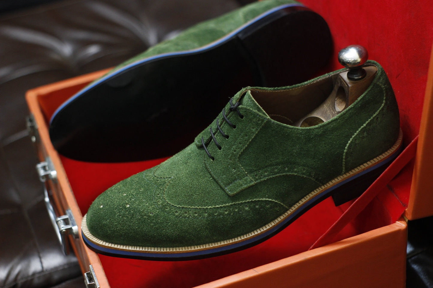 New Men's Handmade Formal Shoes Green Suede Leather Lace Up Stylish Wing Tip Dress & Casual Wear Shoes