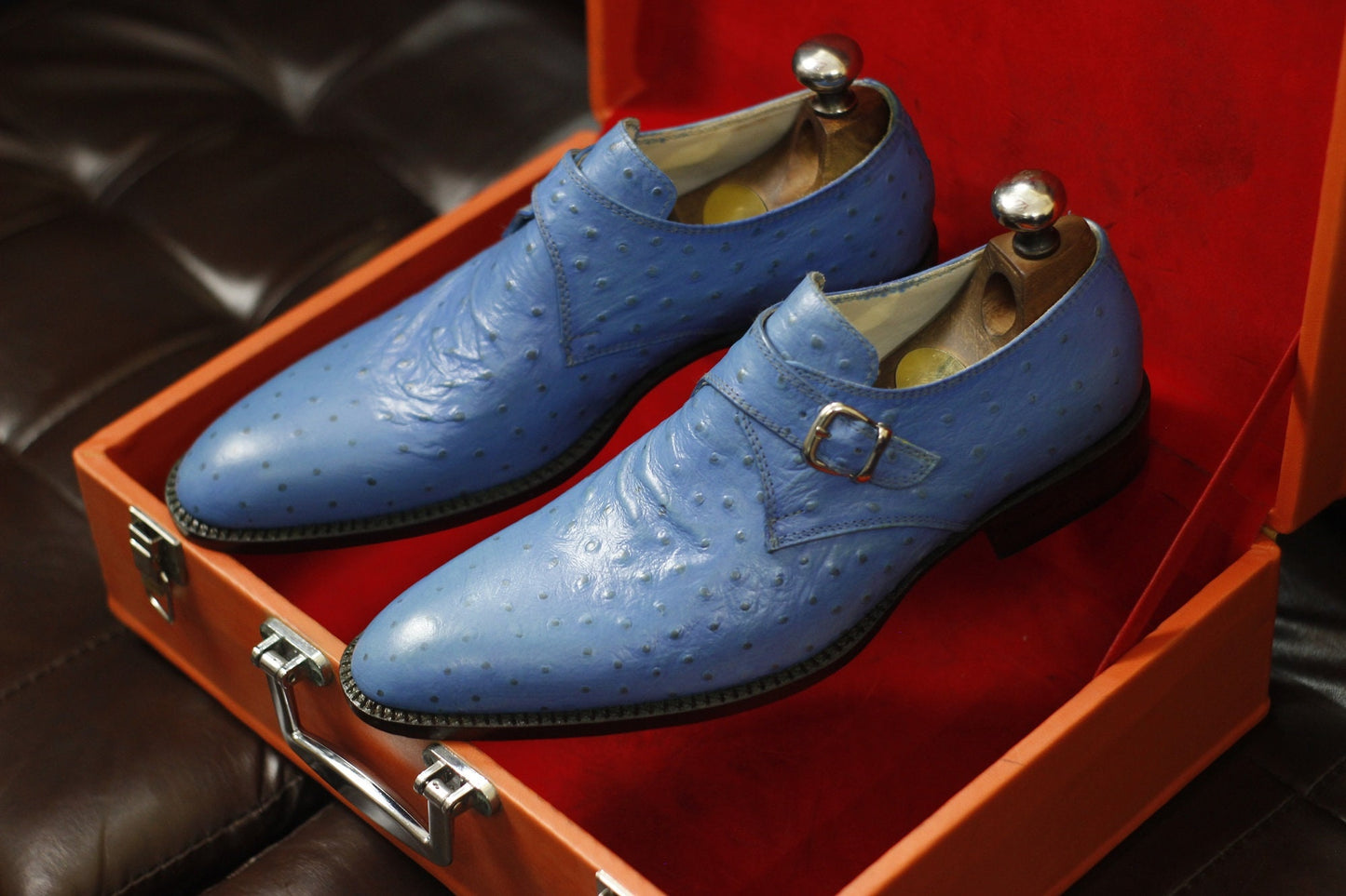 New Men's Handmade Formal Shoes Blue Ostrich Textured Leather Single Monk Stylish Buckle Strap Dress & Formal Wear Shoes