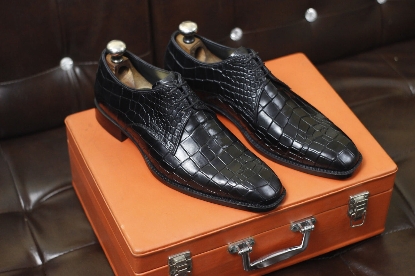 New Men's Handmade Formal Shoes Black Crocodile Textured Leather Lace Up Stylish Dress & Casual Wear Shoes