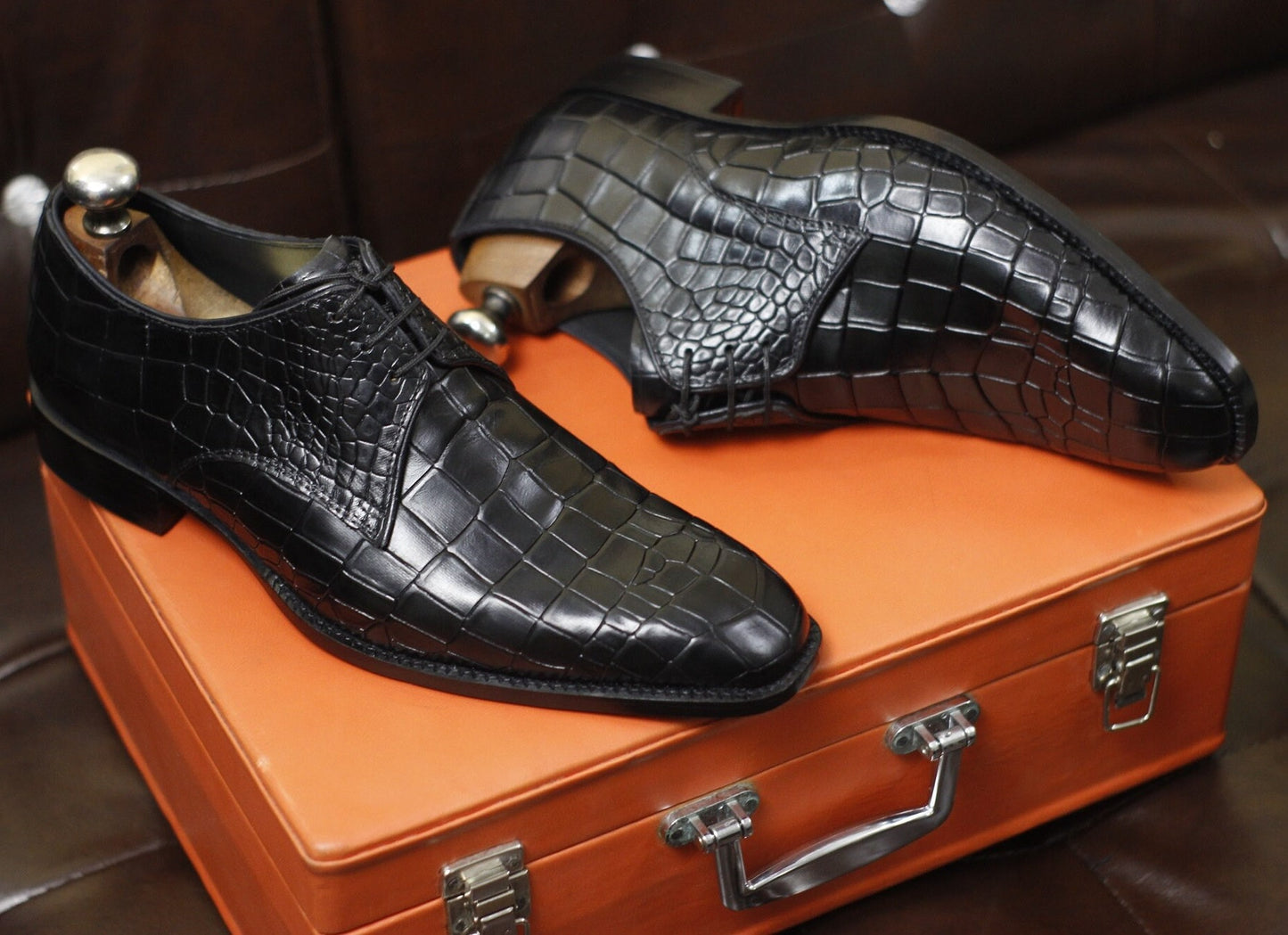 New Men's Handmade Formal Shoes Black Crocodile Textured Leather Lace Up Stylish Dress & Casual Wear Shoes