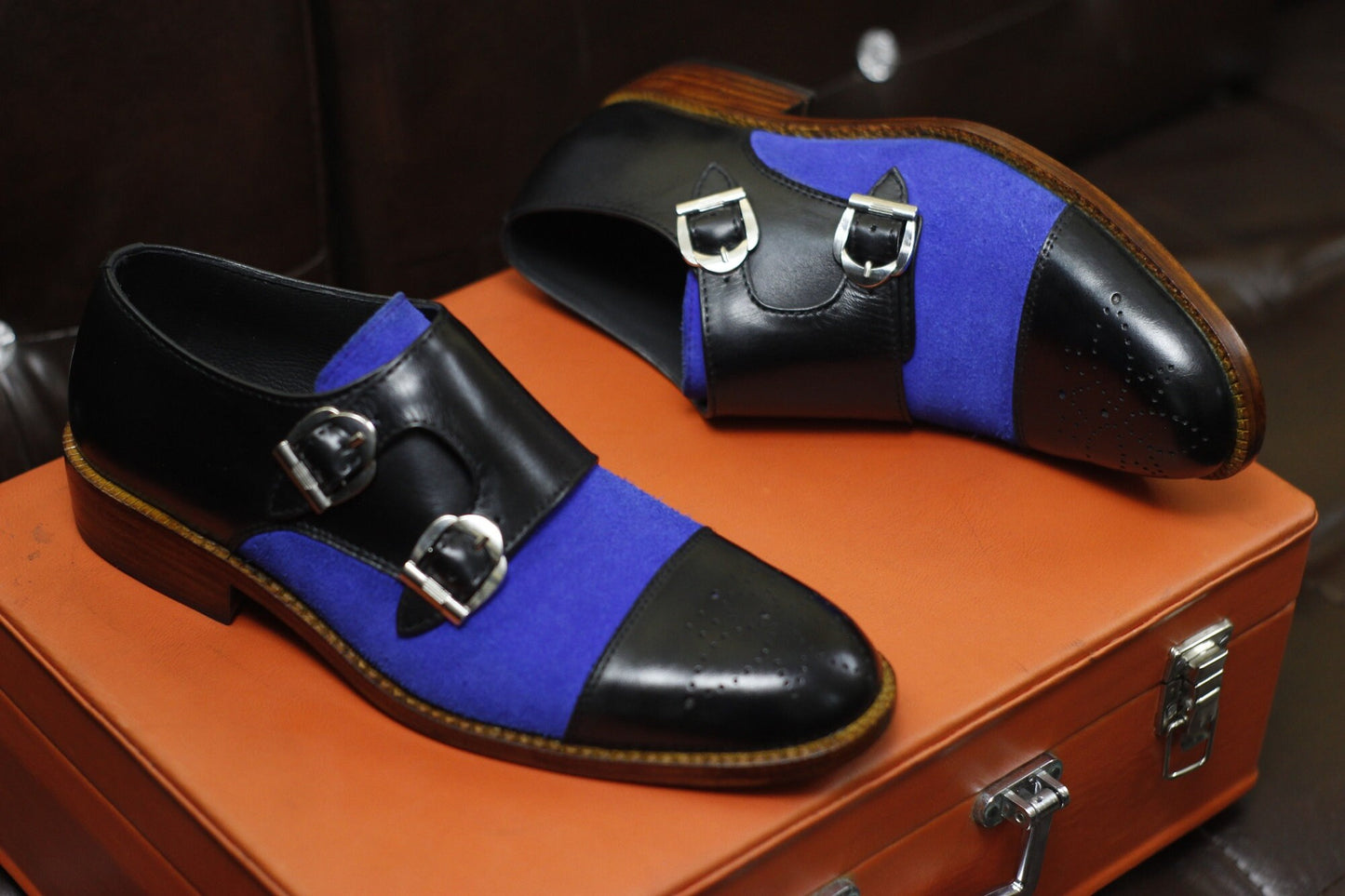 New Men's Handmade Formal Shoes Black Leather , Blue Suede Double Buckle Stylish Monk Strap Dress & Casual Wear Shoes