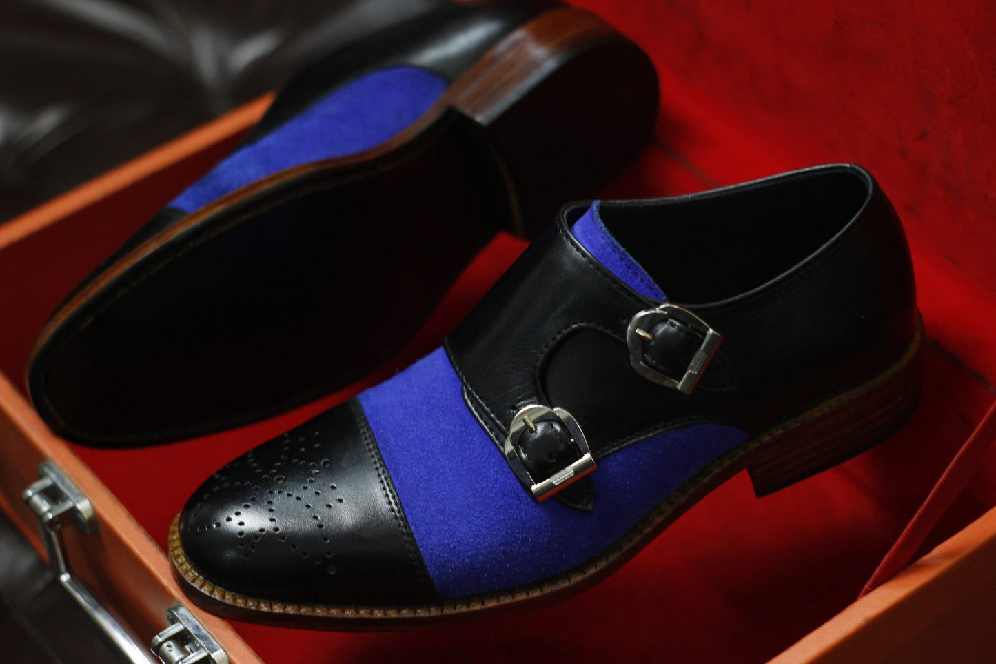 New Men's Handmade Formal Shoes Black Leather , Blue Suede Double Buckle Stylish Monk Strap Dress & Casual Wear Shoes