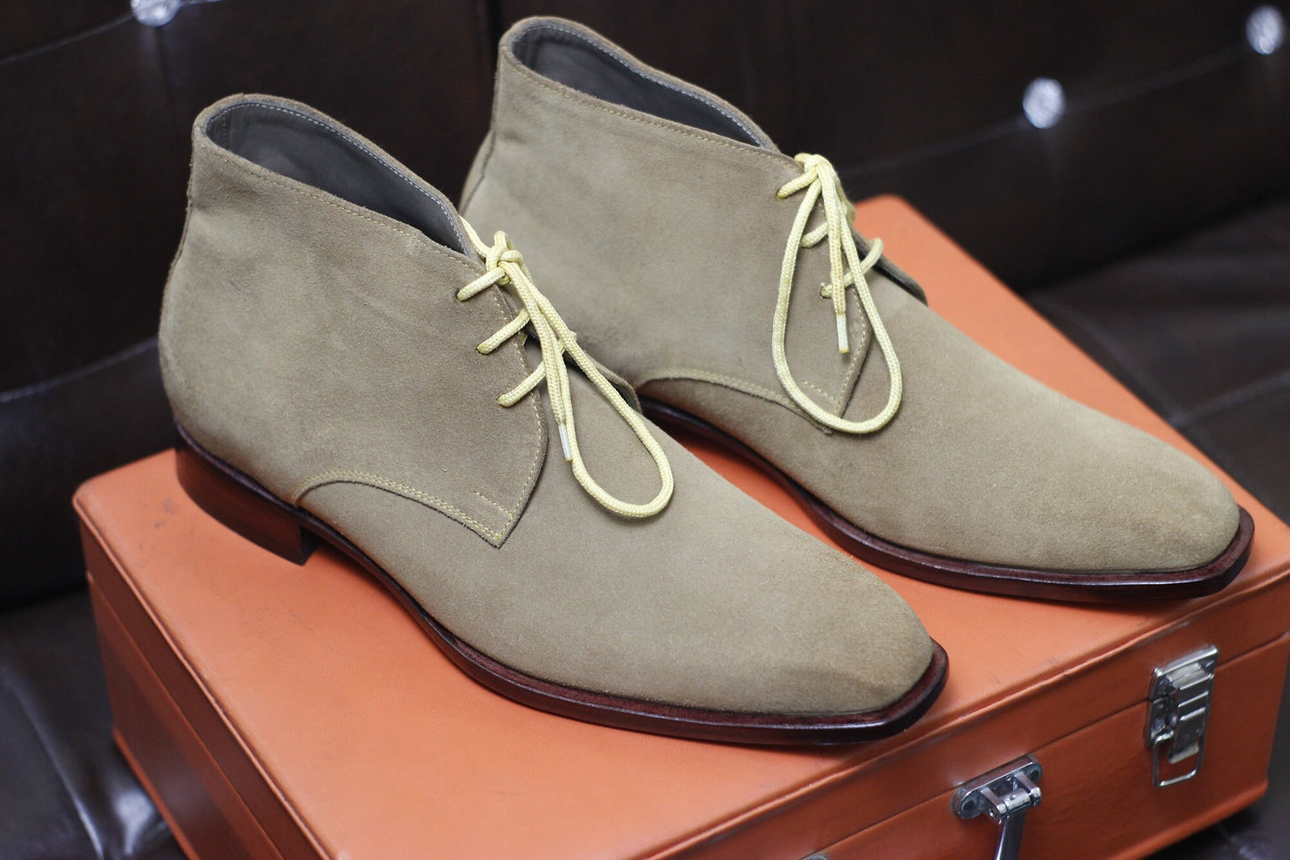 New Men's Handmade Formal Shoes Beige Suede Leather Ankle High Lace Up Chukka Style Boots