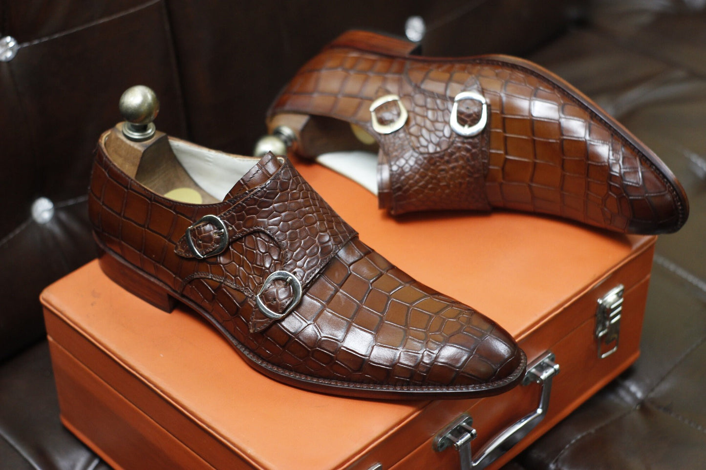 New Men's Handmade Buckle Shoes Brown Crocodile Textured Leather Double Monk Buckle Strap Stylish Dress & Formal Wear Shoes