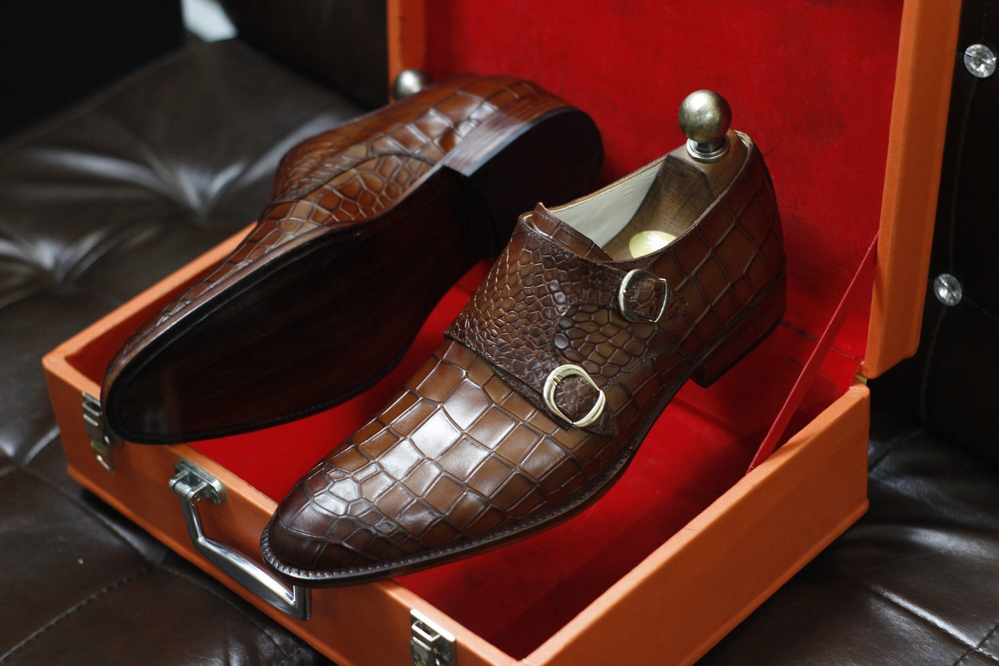 New Men's Handmade Buckle Shoes Brown Crocodile Textured Leather Double Monk Buckle Strap Stylish Dress & Formal Wear Shoes