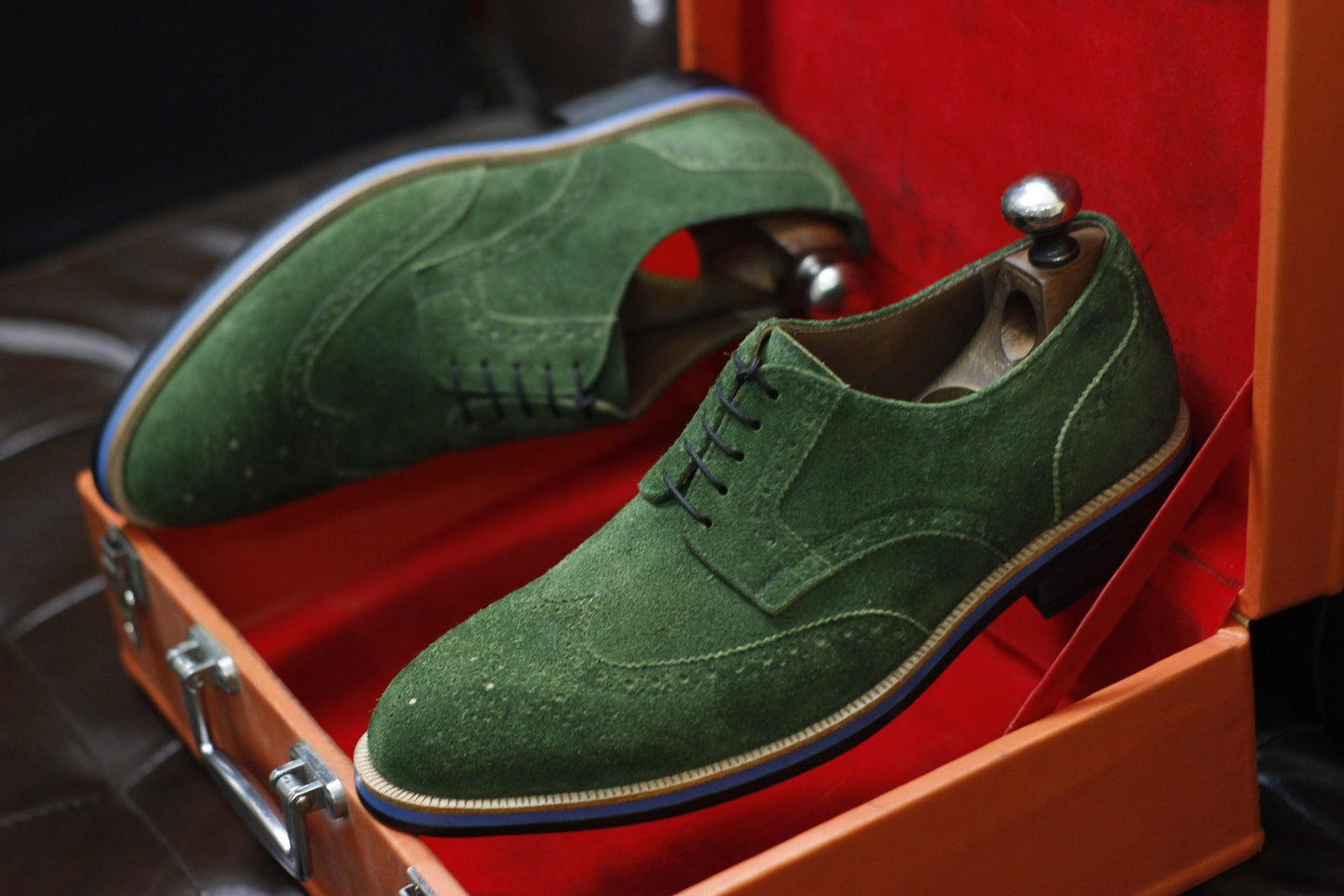 New Men's Handmade Formal Shoes Green Suede Leather Lace Up Stylish Wing Tip Dress & Casual Wear Shoes