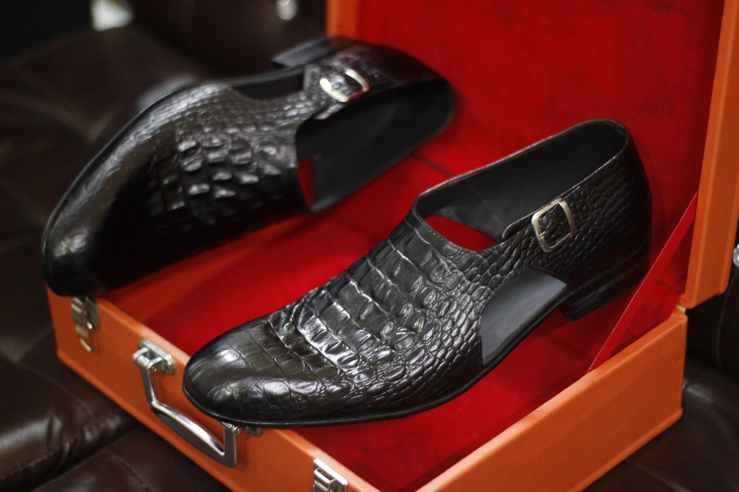 New Men's Handmade Buckle Shoes Black Crocodile Textured Leather Single Monk Stylish Open Dress & Formal Wear Shoes