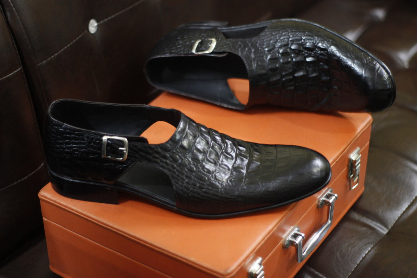 New Men's Handmade Buckle Shoes Black Crocodile Textured Leather Single Monk Stylish Open Dress & Formal Wear Shoes