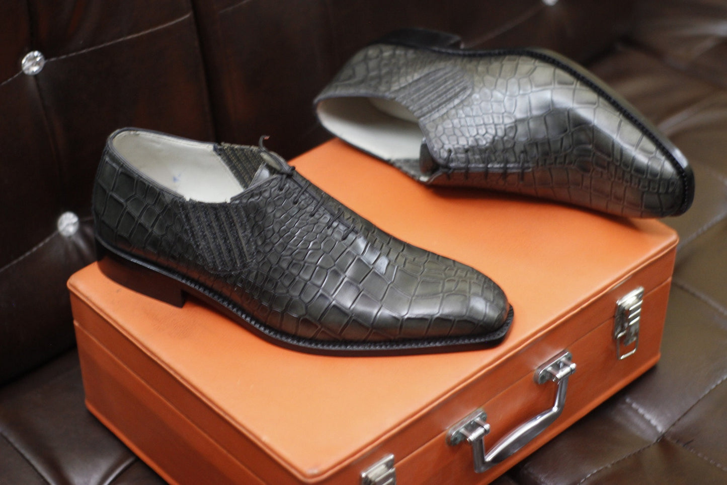 New Men's Handmade Formal Shoes Grey Crocodile Textured Leather , Lace Up Stylish Dress & Casual Wear Shoes