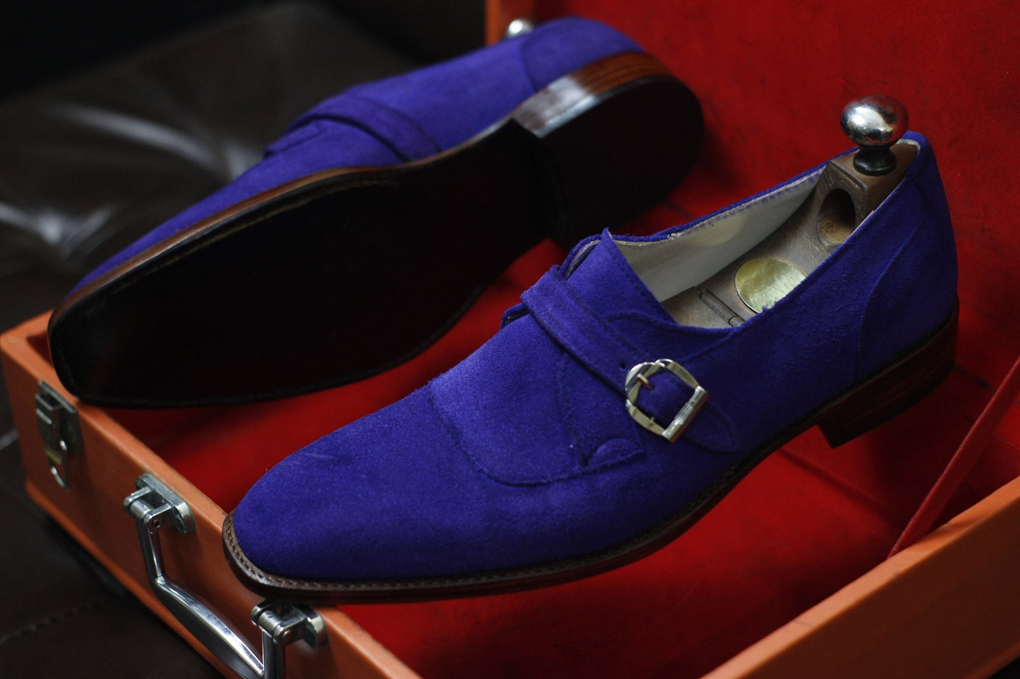 New Men's Handmade Shoes Blue Suede Leather Single Monk Stylish Buckle Strap Dress & Formal Wear Shoes