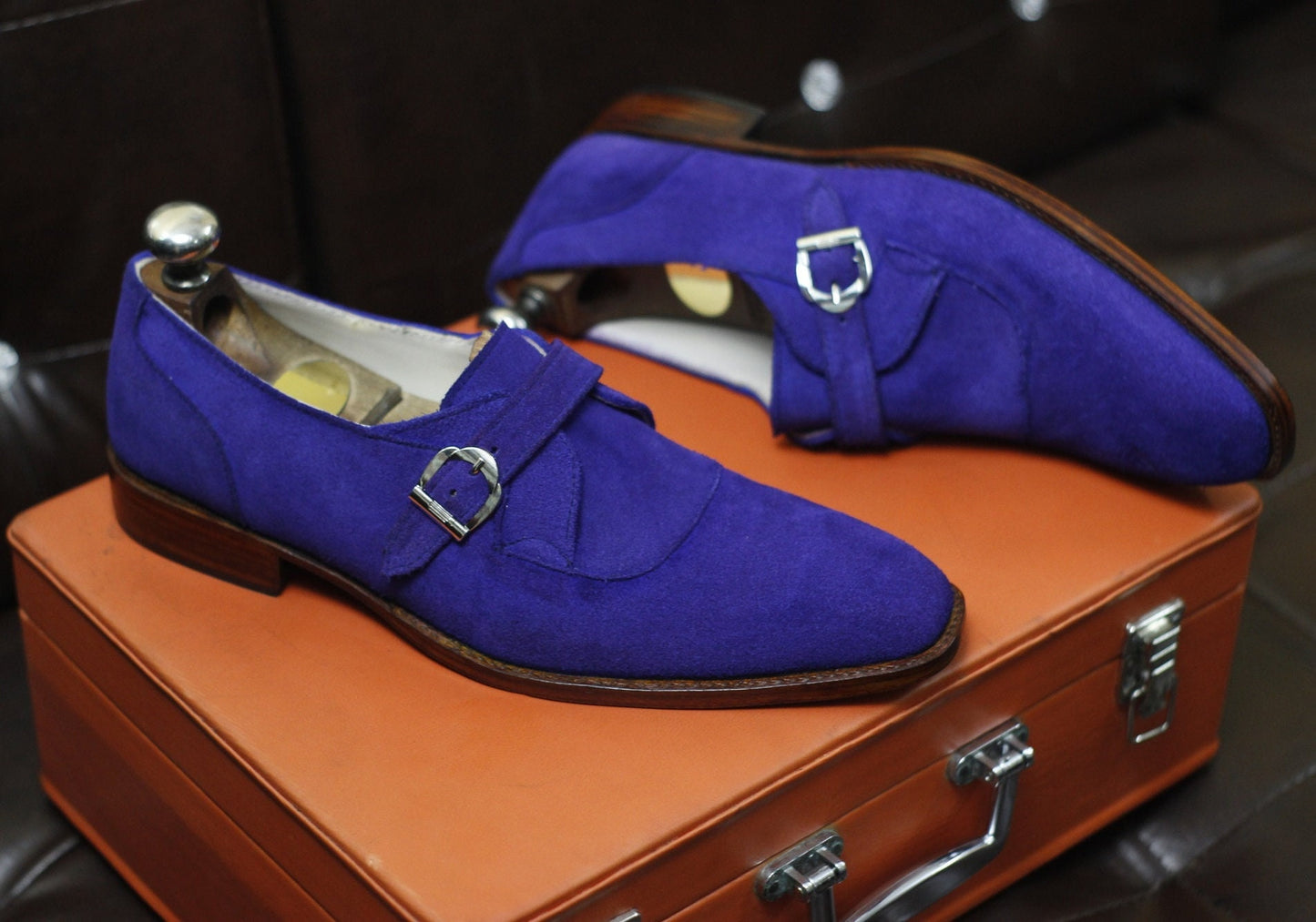 New Men's Handmade Shoes Blue Suede Leather Single Monk Stylish Buckle Strap Dress & Formal Wear Shoes