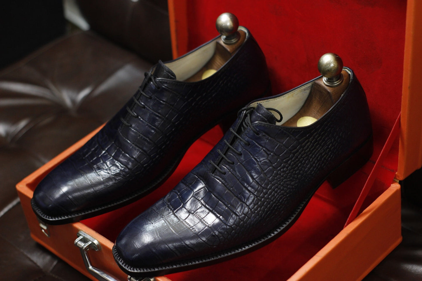 New Men's Handmade Formal Shoes Navy Blue Crocodile Textured Leather , Lace Up Stylish Dress & Casual Wear Shoes