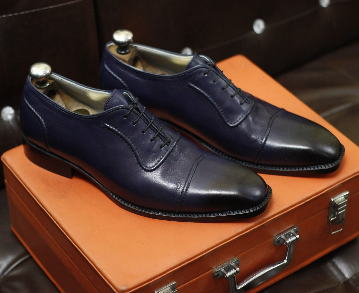 New Men's Handmade Formal Shoes Navy Blue Shaded Leather , Lace Up Stylish Dress & Casual Wear Shoes