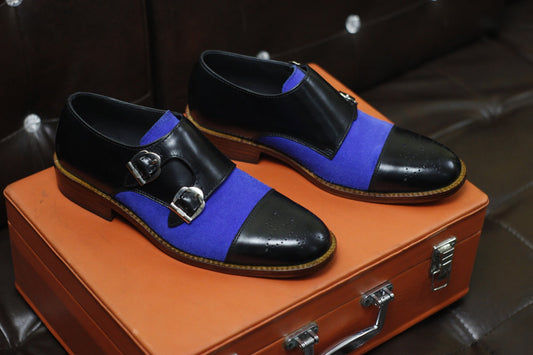 New Men's Handmade Formal Shoes Black Leather , Blue Suede Double Buckle Stylish Monk Strap Dress & Casual Wear Shoes