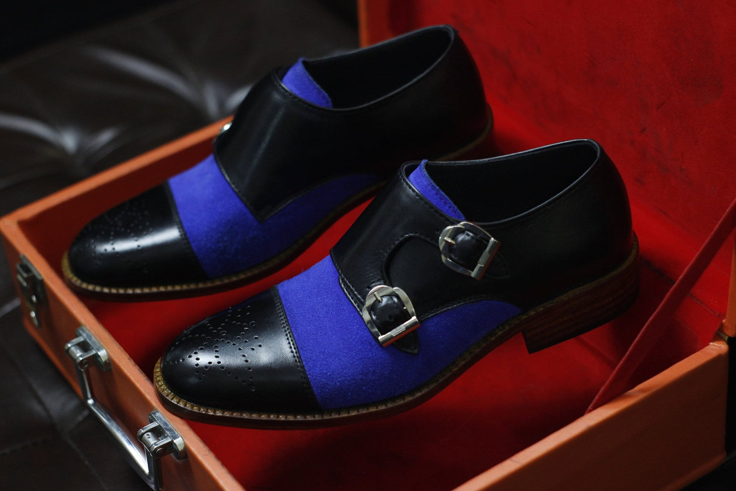 New Men's Handmade Formal Shoes Black Leather , Blue Suede Double Buckle Stylish Monk Strap Dress & Casual Wear Shoes