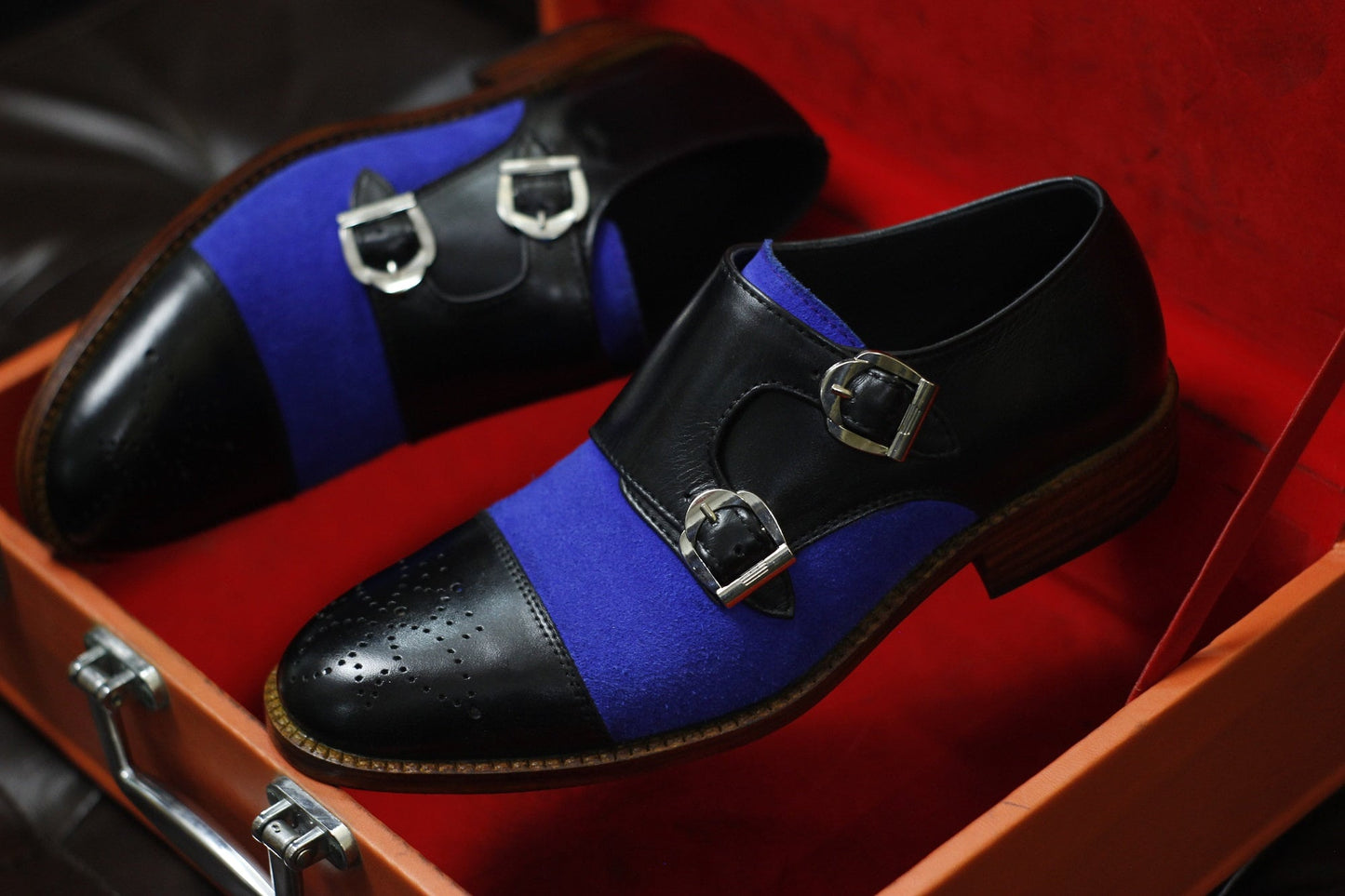 New Men's Handmade Formal Shoes Black Leather , Blue Suede Double Buckle Stylish Monk Strap Dress & Casual Wear Shoes