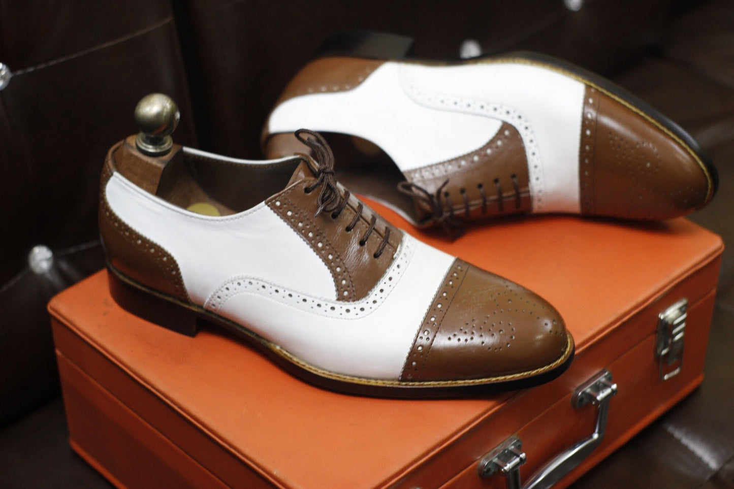 New Men's Handmade Formal Shoes Brown White Leather Cap Toe , Lace Up Stylish Dress & Casual Wear Shoes