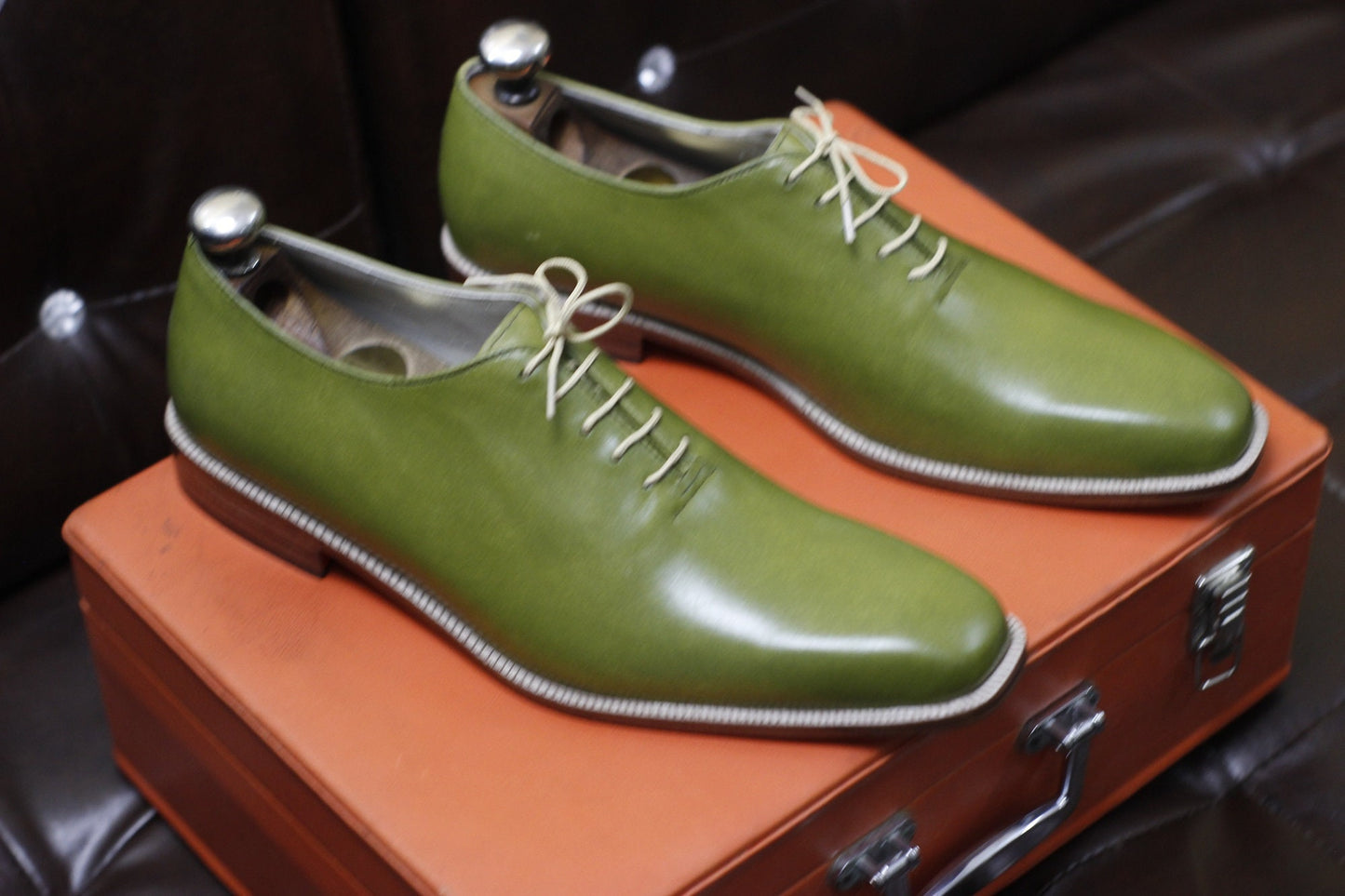 New Men's Handmade Formal Shoes Green Leather , Lace Up Stylish Dress & Casual Wear Shoes