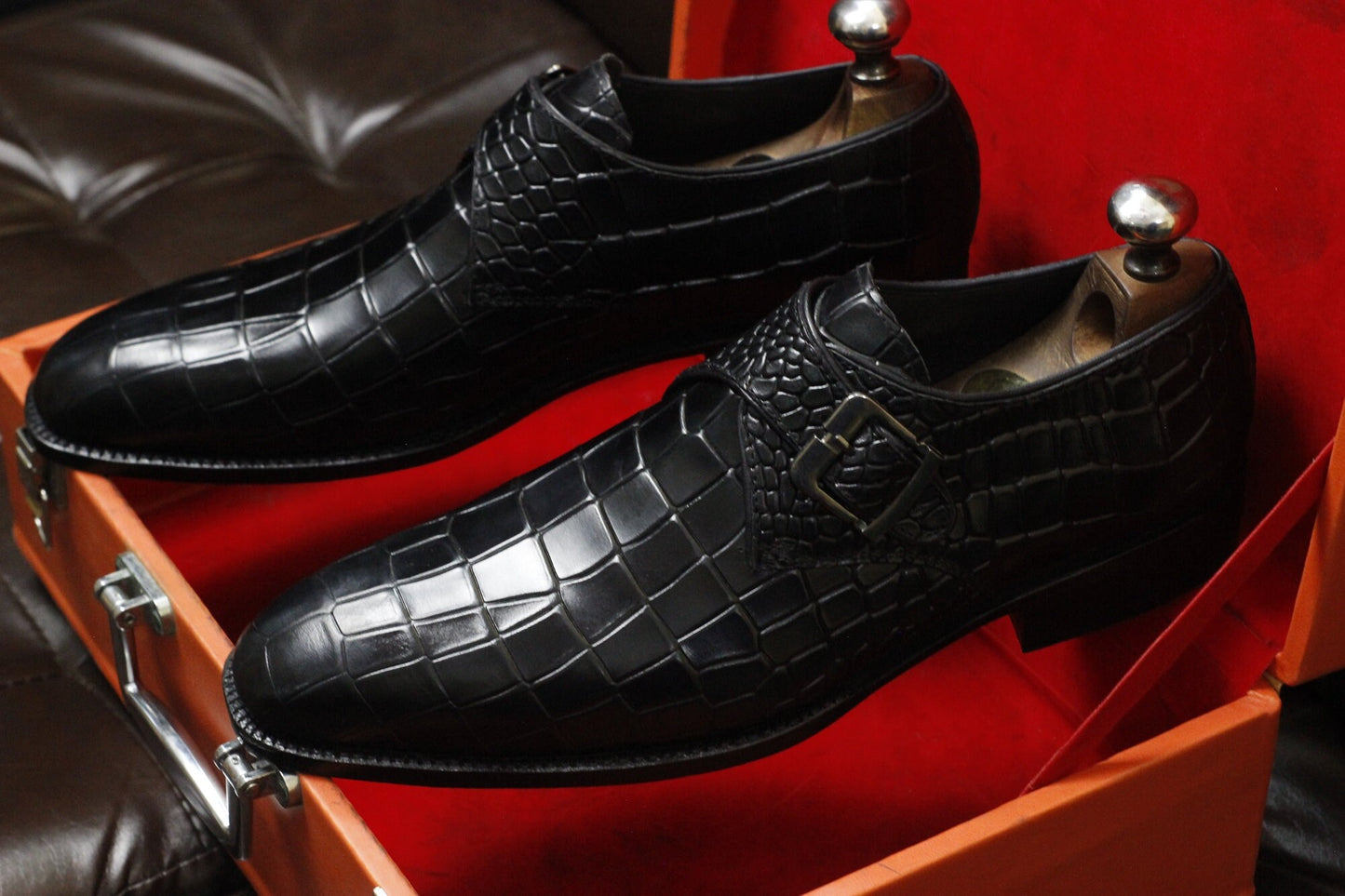 New Men's Handmade Buckle Shoes Black Crocodile Textured Leather Single Monk Stylish Dress & Formal Wear Shoes