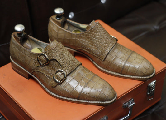 New Men's Handmade Formal Shoes Brown Crocodile Textured Leather Double Monk Stylish Buckle Dress & Formal Wear Shoes