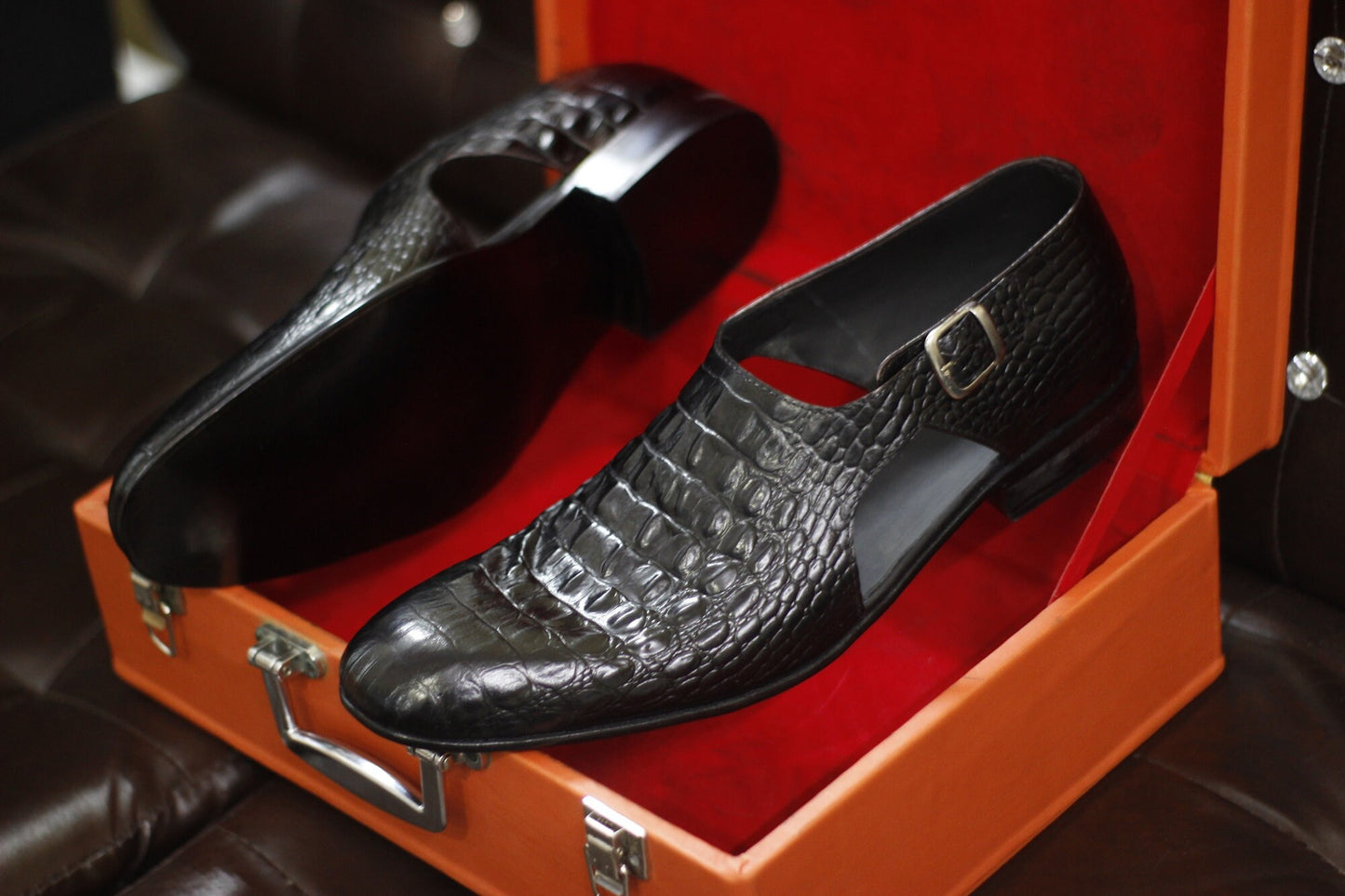 New Men's Handmade Buckle Shoes Black Crocodile Textured Leather Single Monk Stylish Open Dress & Formal Wear Shoes