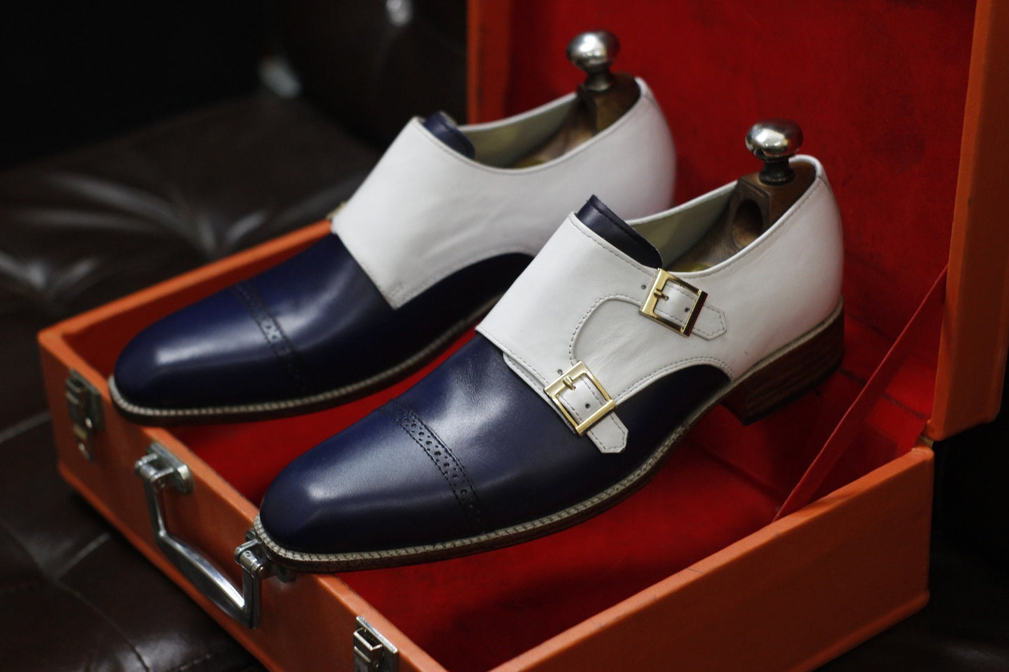 New Men's Handmade Formal Shoes Navy Blue and White Leather Two Tone Double Monk Stylish Buckle Dress & Formal Wear Shoes