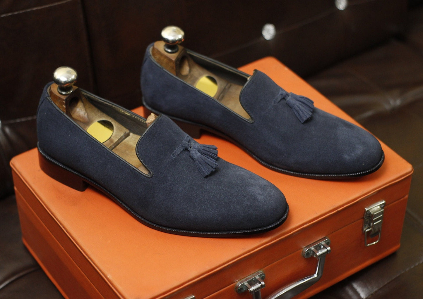 New Men's Handmade Formal Shoes Blue Suede Leather Slip On Stylish Loafer Teasels Dress & Casual Wear Shoes