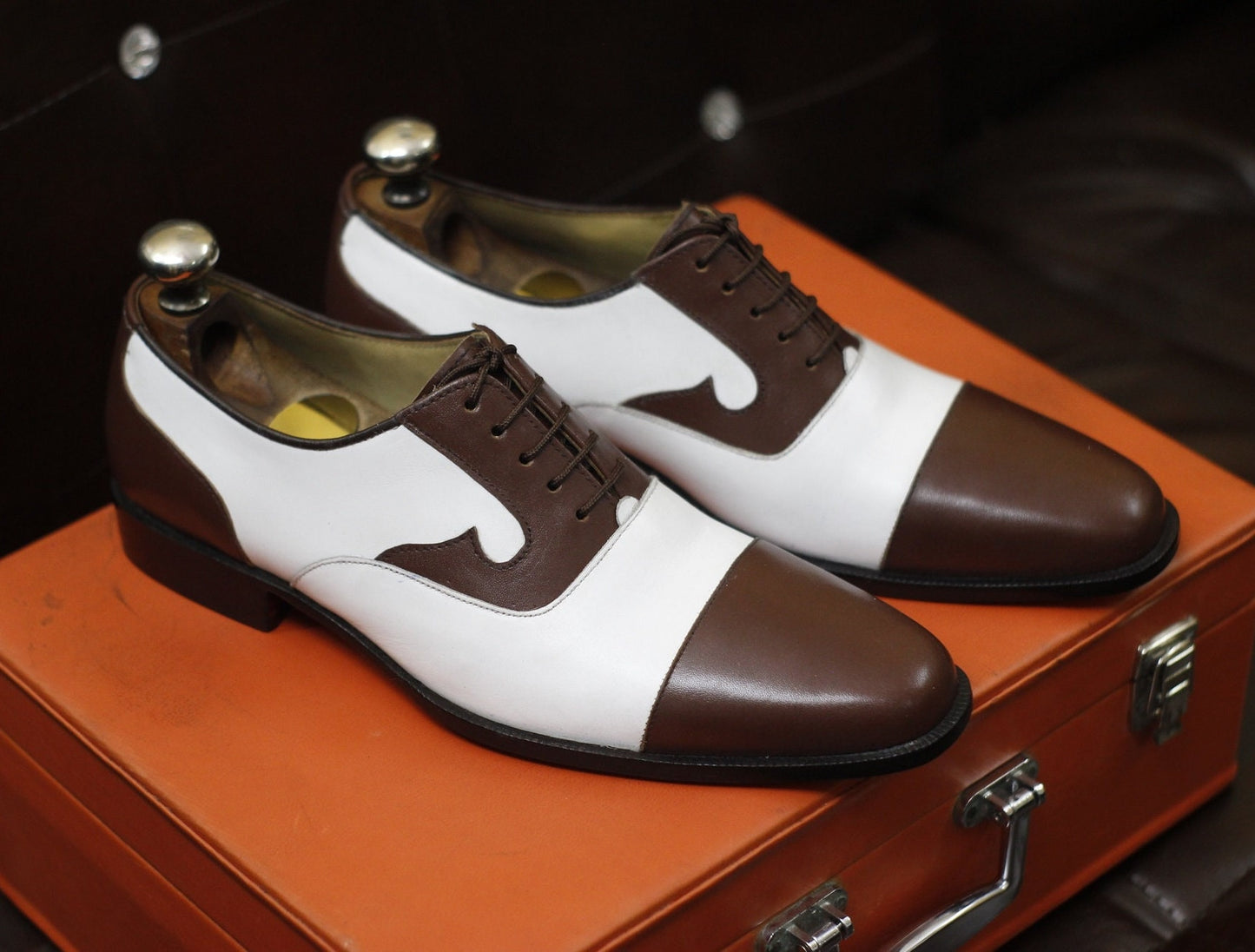 New Men's Handmade Formal Shoes Brown White Stylish Leather Cap Toe , Lace Up Dress & Casual Wear Shoes