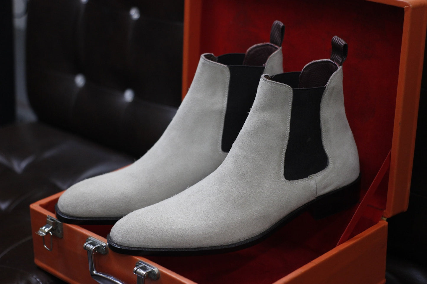 New Men's Handmade Formal Shoes White Suede Leather Pull On Stylish Ankle High Chelsea Dress & Formal Wear Boots