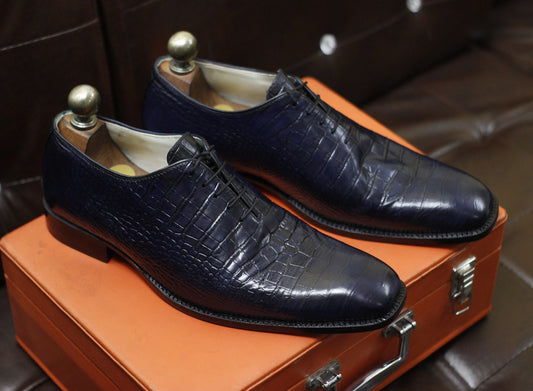 New Men's Handmade Formal Shoes Navy Blue Crocodile Textured Leather , Lace Up Stylish Dress & Casual Wear Shoes