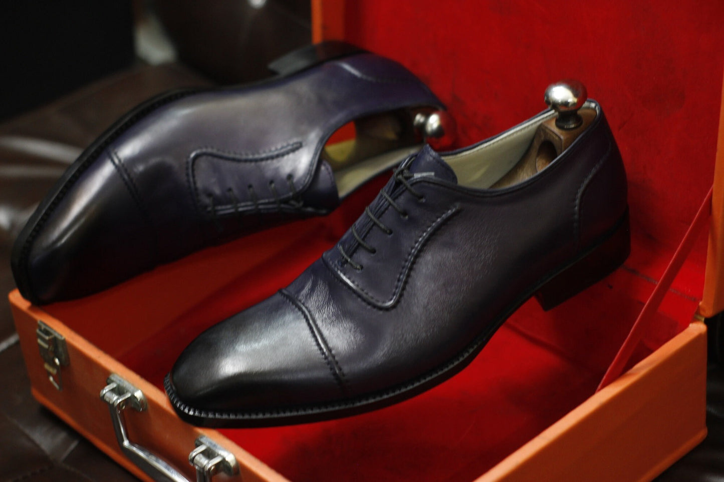 New Men's Handmade Formal Shoes Navy Blue Shaded Leather , Lace Up Stylish Dress & Casual Wear Shoes