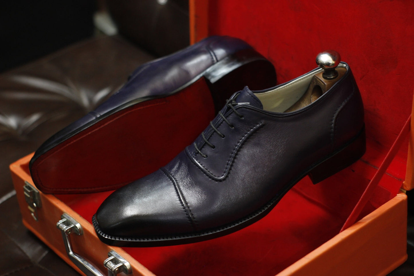 New Men's Handmade Formal Shoes Navy Blue Shaded Leather , Lace Up Stylish Dress & Casual Wear Shoes