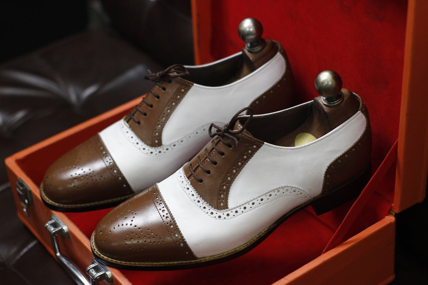 New Men's Handmade Formal Shoes Brown White Leather Cap Toe , Lace Up Stylish Dress & Casual Wear Shoes