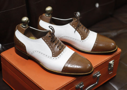 New Men's Handmade Formal Shoes Brown White Leather Cap Toe , Lace Up Stylish Dress & Casual Wear Shoes