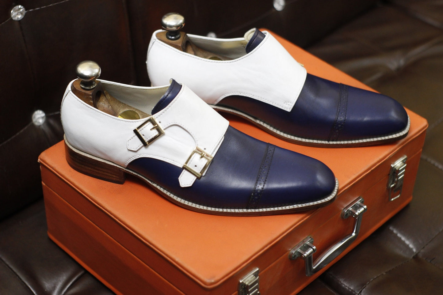 New Men's Handmade Formal Shoes Navy Blue and White Leather Two Tone Double Monk Stylish Buckle Dress & Formal Wear Shoes