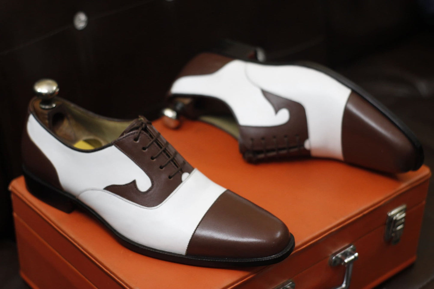 New Men's Handmade Formal Shoes Brown White Stylish Leather Cap Toe , Lace Up Dress & Casual Wear Shoes