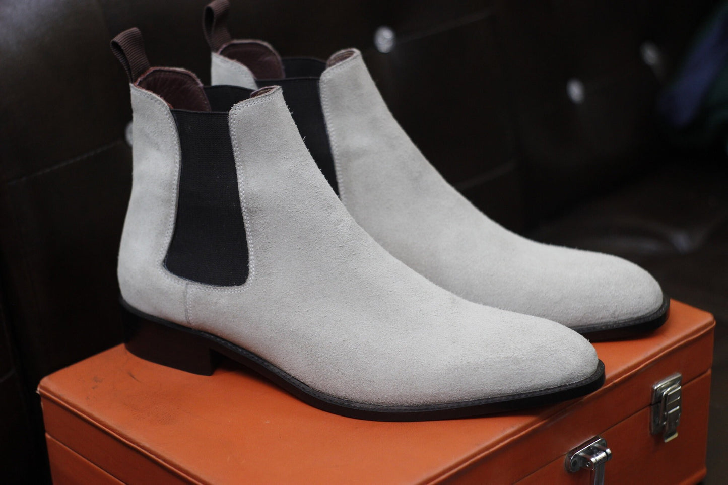 New Men's Handmade Formal Shoes White Suede Leather Pull On Stylish Ankle High Chelsea Dress & Formal Wear Boots